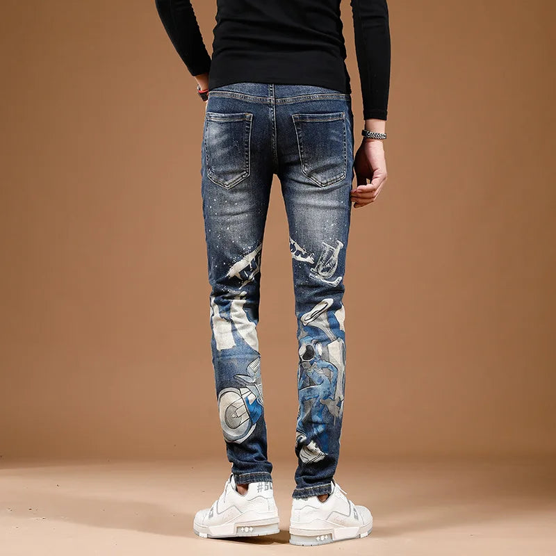 2024 new fashion printed personalized jeans for men's street slim fit elastic feet high end trendy denim pants