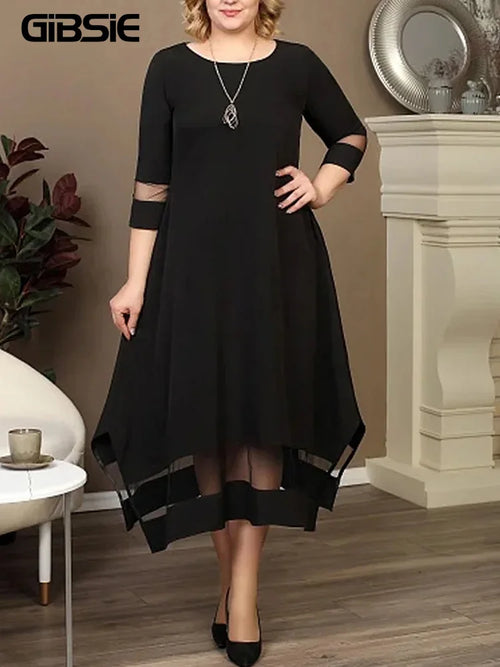 GIBSIE Plus Size Black Contrast Mesh Splicing Long Dress Women Summer O-Neck 3/4 Sleeve Elastic Knitted Elegant A-Line Dresses