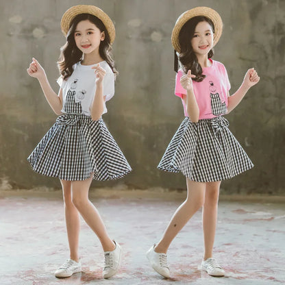 2024 Summer baby kids Girls Clothes Children Set Outfits Fashion Toddler T-shirt + Plaid Skirt 2 3 4 5 6 7 8 9 10 11 12 13 Years