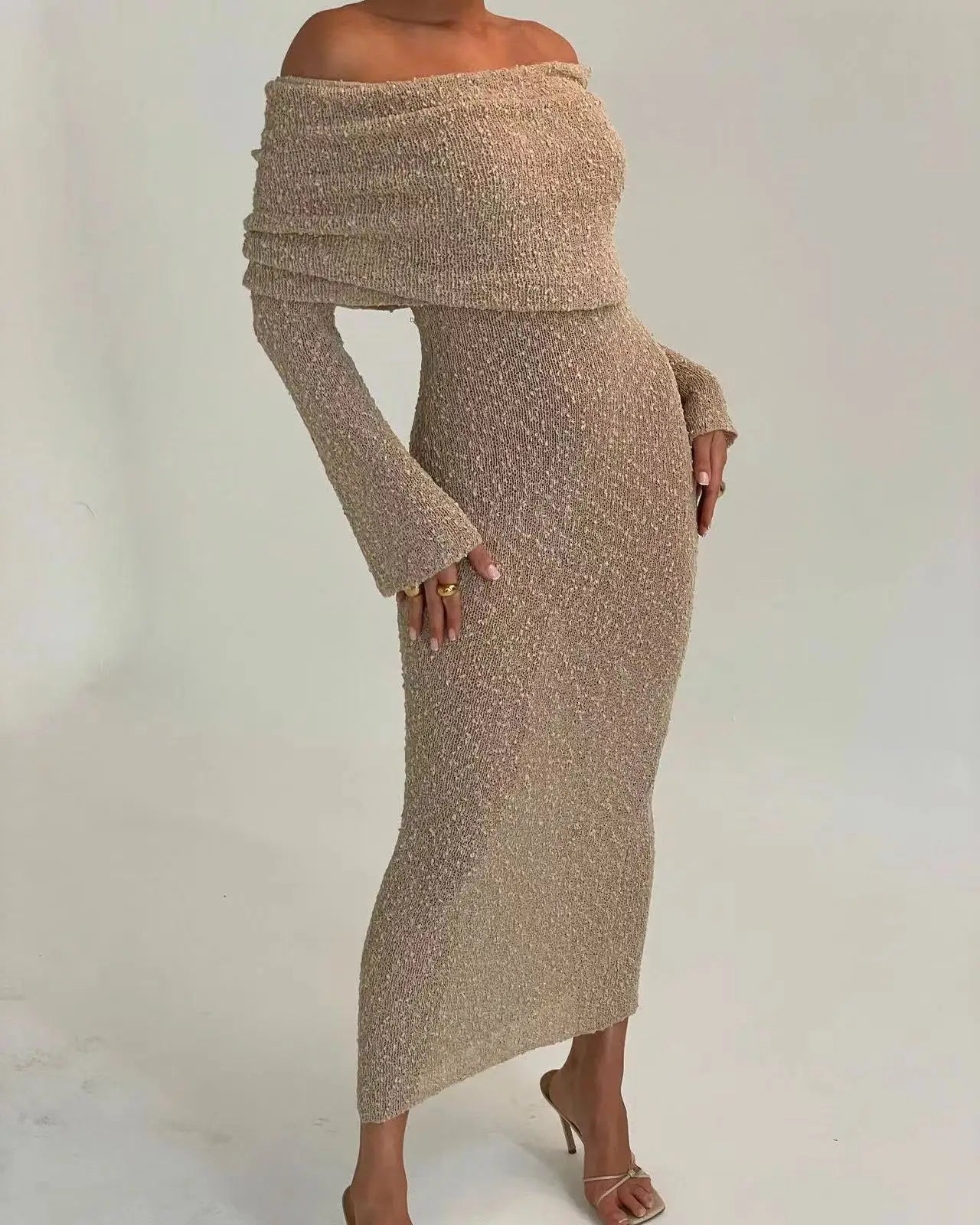 2024 Women's Summer Slash Neck Sunscreen Maxi Dress Chic Long Sleeve Bodycon Knitted Vestidos Female Elegant Holiday Beachwear