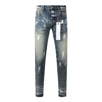 2024 top quality Purples Men jeans brands high street blue ripped distressed fashion repair low rise skinny denim trousers pants