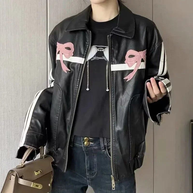 Women's Winter Jacket Women Vintage Faux Leather Coat Fashion Pu Lapel Collar Bow Zipper Overcoat Female Casual Tops Clothing