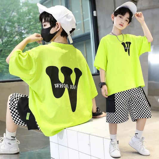 Summer Boys Cotton Alphabet Short-Sleeved T-Shirt Tops+Plaid Short Pant Suit School Kids Tracksuit Child 2PCS Outfit 3-14 Years