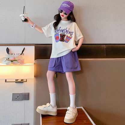 Children's Top and Bottom Clothes Set Korean Version 2024 Summer New Trendy Girls Cartoon Letters Short-sleeved Two-piece Set