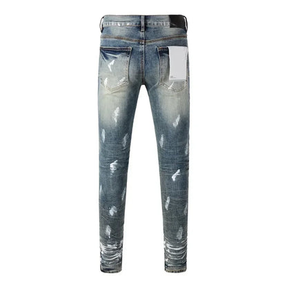 2024 top quality Purples Men jeans brands high street blue ripped distressed fashion repair low rise skinny denim trousers pants