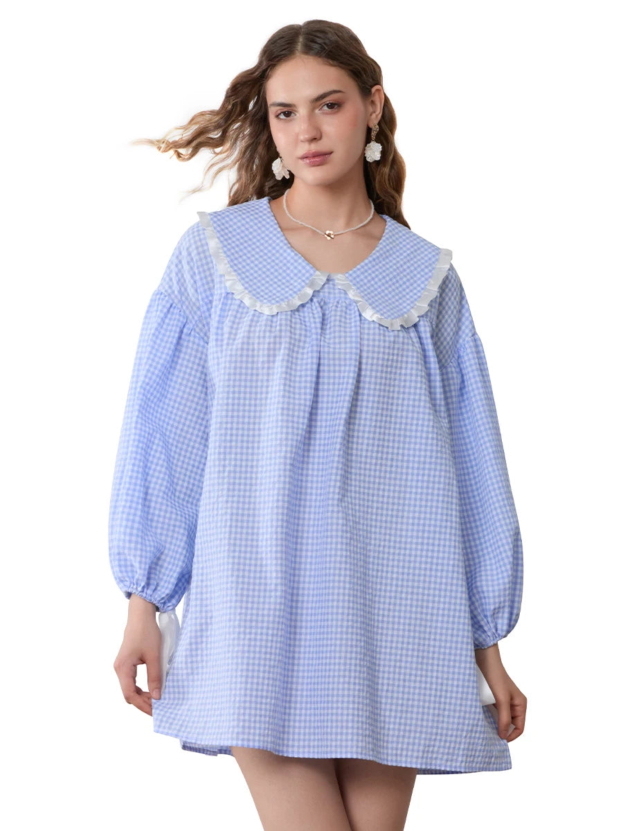 Women Y2k Gingham Babydoll Dress Puff Long Sleeve Loose Fit Short Dress Ruffle Trim Doll Collar Cute Plaid Dress