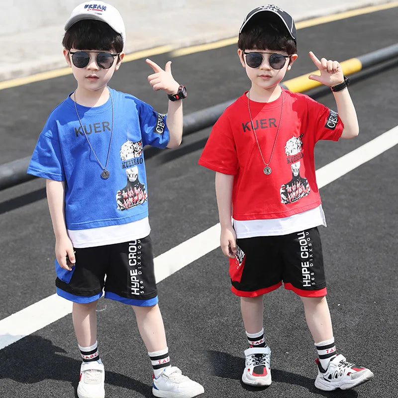 2pcs 2024 hip hop Children Summer Boys print Clothes Set T shirt + Pants Casual Sports Kid Tracksuit Teen 4 6 8 to 9 10 12 Years