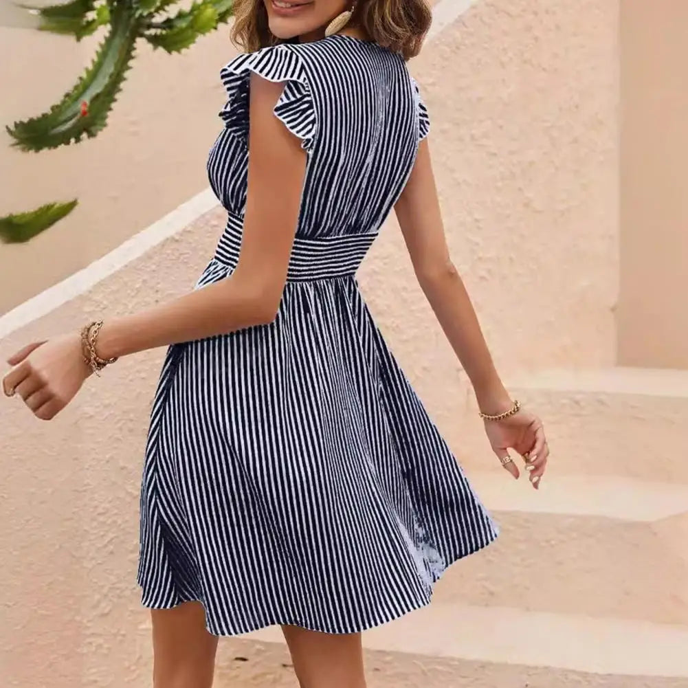 Pleated Detail Dress Elegant Striped Print V Neck Mini Dress with Ruffle Hem for Women Summer A-line Dress with for Dating