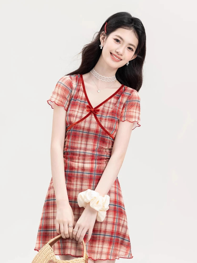 ADAgirl Vintage Red Plaid Women Dress with Bow Mesh Knitting Short Sleeve V-neck Sheath Dress Summer Slim Robe Cute Sweet Girl