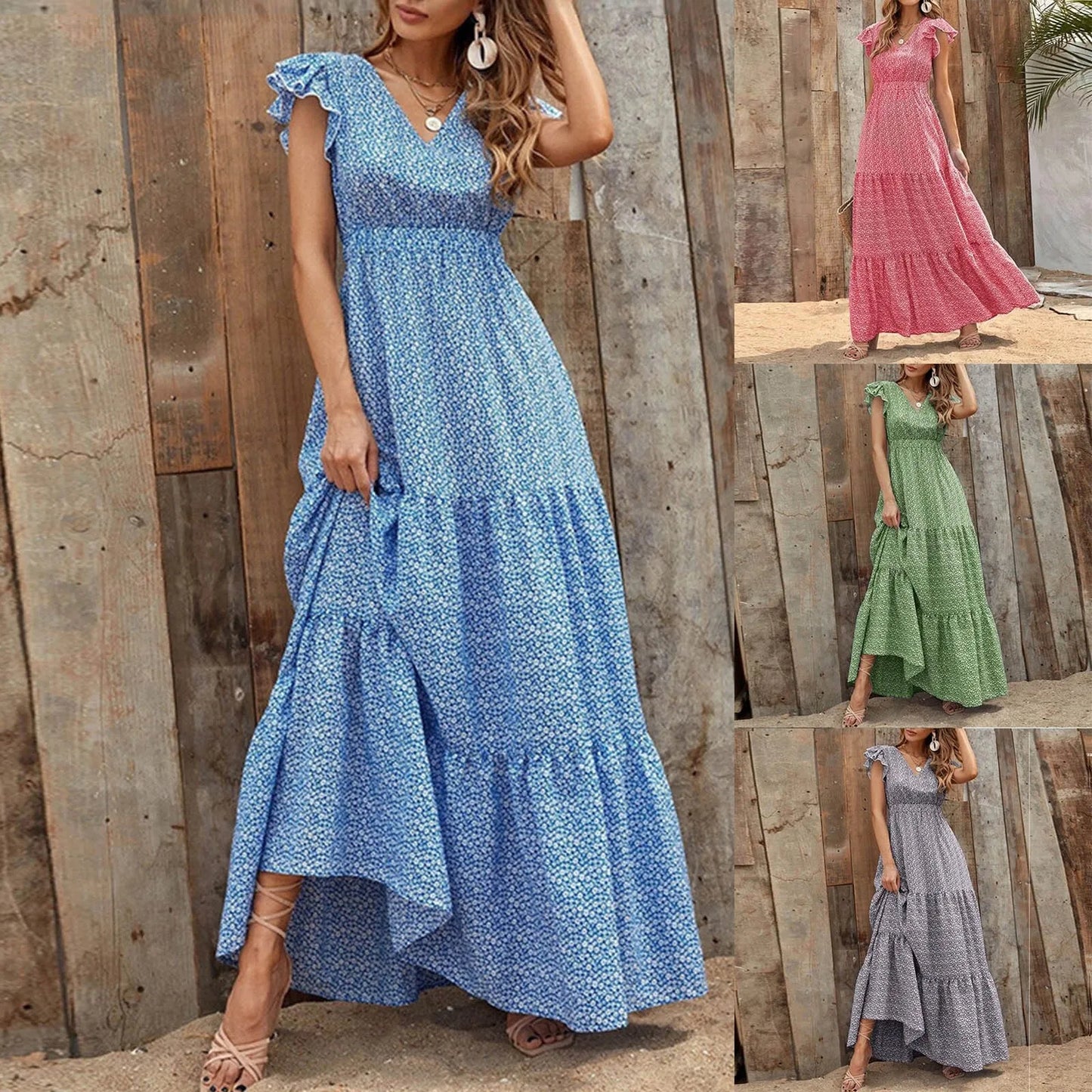 Fashion Printed Tank Long Dress Women Summer V-Neck Ruffles Sleeveless Maxi Dress Pleated Slim Wasit Female Dresses Holiday