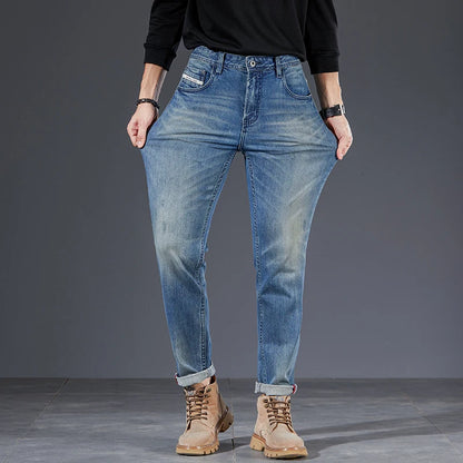 Luxury Jeans For Men Stretch Slim Fit Solid Blue Denim Pants