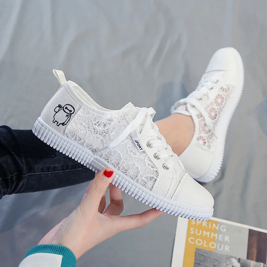 White Shoes Female Lace Breathable 2023 Summer New Mesh Flat Shoes for Women Fashion Solid Woman Sneakers Zapatos