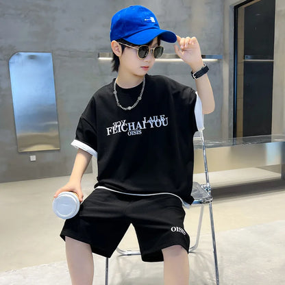 9-12Y Children Boy Summer Clothes Fashion Short Sleeve Letter Tshirt Top and Short Bottom 2pcs Outfit Teenage Casual Tracksuit