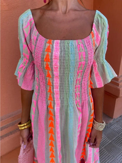 Fashion Colorful Stripe Print Long Dress Women Elegant Off Shoulder Half Sleeved Ruffles Hem Dresses Summer Lady Street Robes