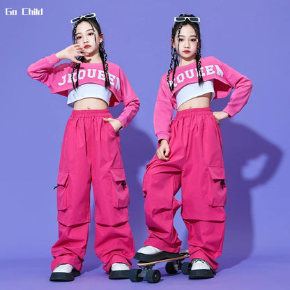 Hip Hop Girls Crop Tops Rose Cargo Pants Child Tank Top Streetwear Joggers Clothes Sets Kids Street Dance Jazz Stage Costumes