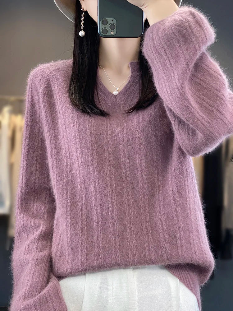 Women New 100% pure Mink Cashmere Sweater Fashion Loose Pullover Autumn Winter Warm Top Loose Puff Sleeve Knit Female Jacket