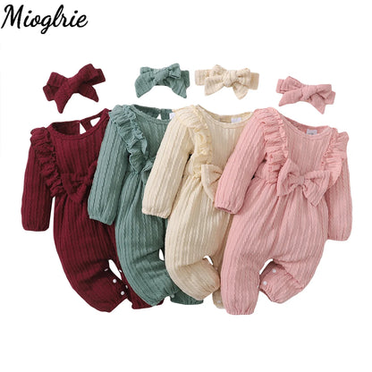 New Long Sleeve Rompers Baby Girls Spring & Autumn Jumpsuit Newborn Clothes Solid Ruffled Clothing with Headband Baby Clothing