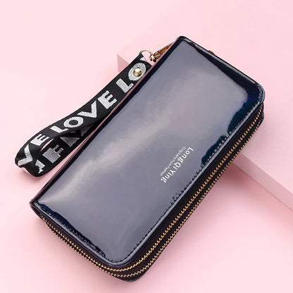 Women Wallets Double Zippers Lady Long Coin Purses Cards Holder Woman Handbags Billfold Wristlet Wallet Clutch Shiny Money Bags