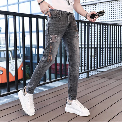 Personalized tide high-end embroidery men's jeans summer thin versatile Slim small feet trend casual gray men's pants