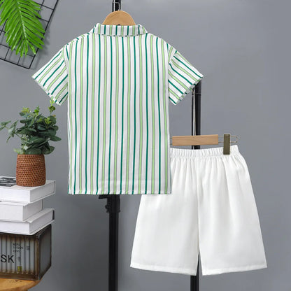 2 Piece Set Teens Boy Clothes Shirt + Shorts 8 9 10 11 12 Years Old Summer Green Strip Casual Beach Party Kids Boy Outdoor suit