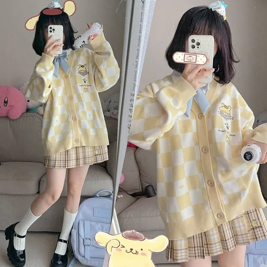 Sanrio Pompom Purin Cardigan Coat Cute Y2k My Melody Kuromi Cinnamoroll Autumn Winter Women Sweater Casual Jacket Sweater Gifts