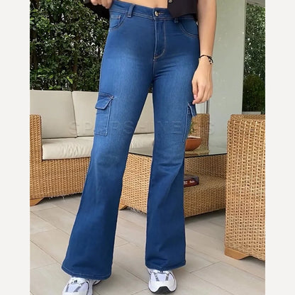 Vintage Flared Stretch Jeans Women Mid Waist Fashion Simple y2k Pants 2024 Denim Trousers Pocket Design Jeans