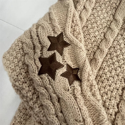 Autumn Fashion Warm Khaki Knitted Cardigan Women Sweater Y2k Winter Star Embroidered Loose Fit Long Sleeves Holiday Cardigan