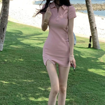 Sweet White Pink Dress Women Polo Dresses Slim Short Dress