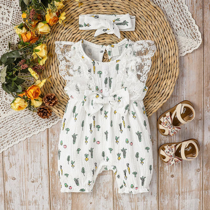 Girls Summer Sleeveless Lace Cotton Baby Bow Jumpsuit - Casual Cute Print With Plants