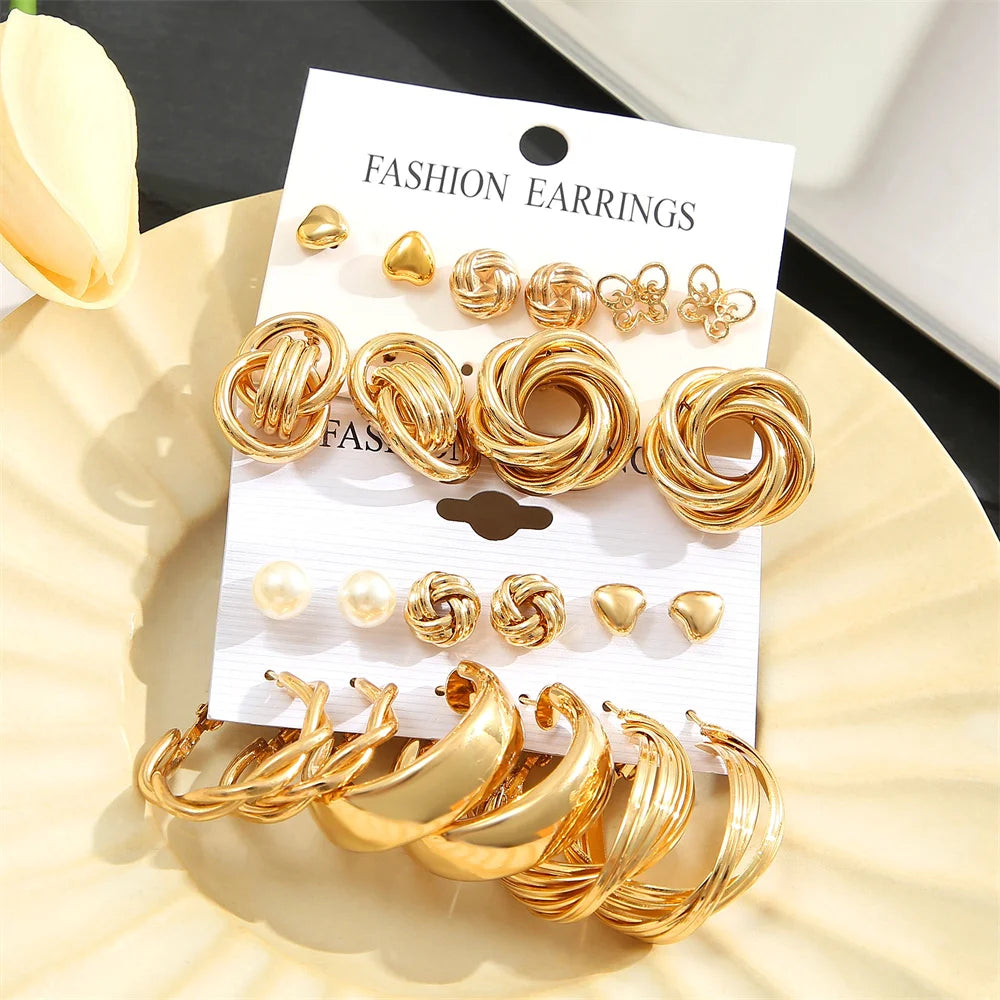 11 Pairs A Set Fashion Zinc Alloy Faux Pearl Rotation Geometry Decorative Earrings Womens Daily Decoration