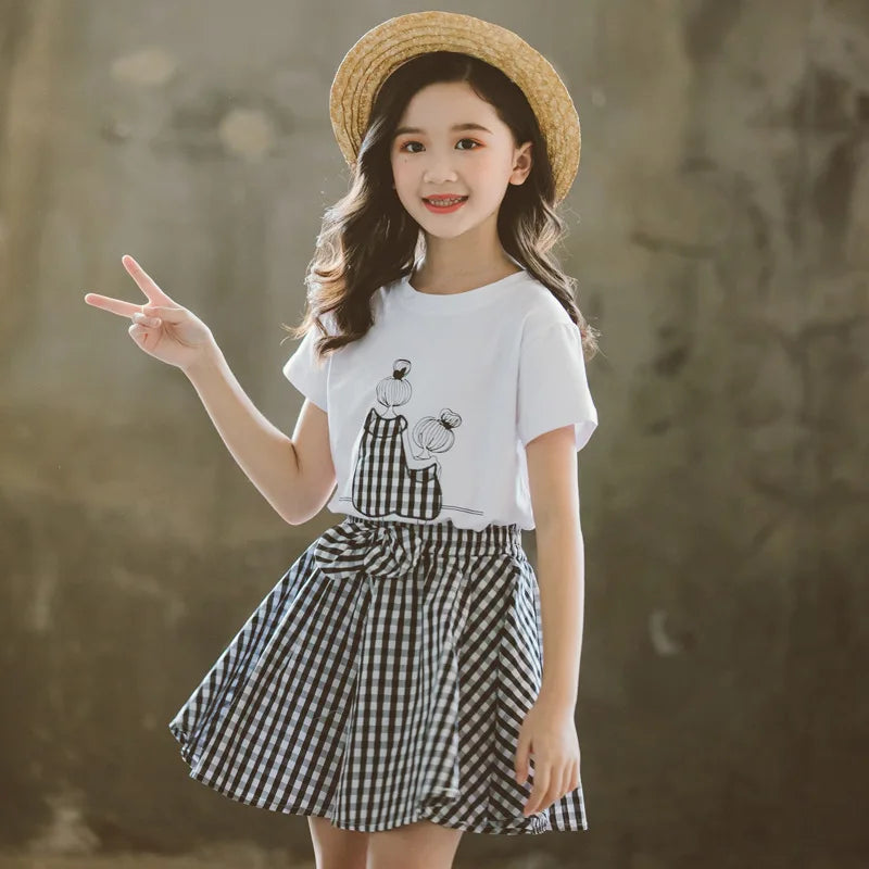 2024 Summer baby kids Girls Clothes Children Set Outfits Fashion Toddler T-shirt + Plaid Skirt 2 3 4 5 6 7 8 9 10 11 12 13 Years