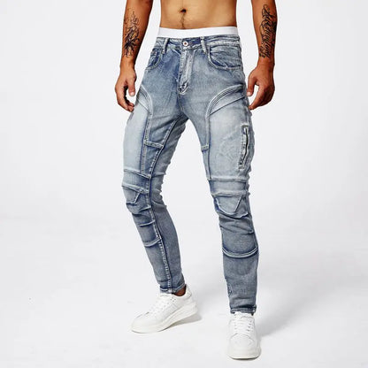 New style jeans for men fashion versatile washed straight fitting patchwork with elastic casual minimalist biker denim pants