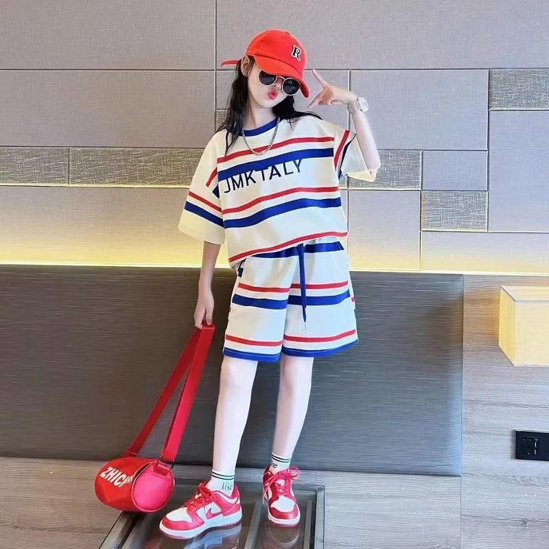 Children Clothing Girls Striped T-shirt Top + Sports Shorts Set, Loose Korean Style Casual Two-piece Set Loungewear Outfit