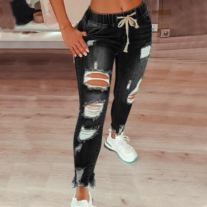 Fashion Women Ripped Jeans New Drawstring Sweet Wear Hole Denim Pants