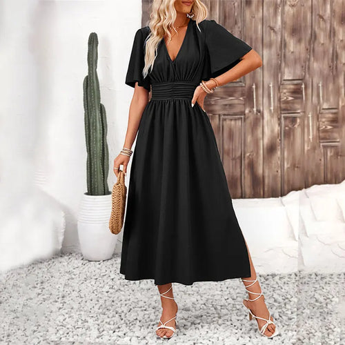 Women Dress Long Fashion Vacation Party Dresses Short Sleeve V-neck