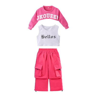 Hip Hop Girls Crop Tops Rose Cargo Pants Child Tank Top Streetwear Joggers Clothes Sets Kids Street Dance Jazz Stage Costumes