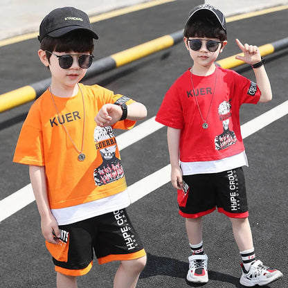 2pcs 2024 hip hop Children Summer Boys print Clothes Set T shirt + Pants Casual Sports Kid Tracksuit Teen 4 6 8 to 9 10 12 Years