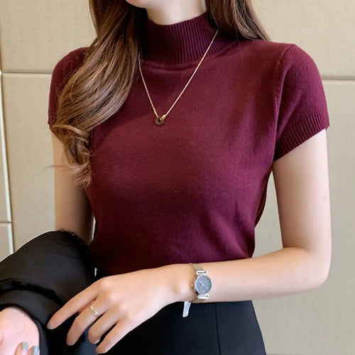 Slim Knitted T-shirt Women Elegant Solid Short Sleeve