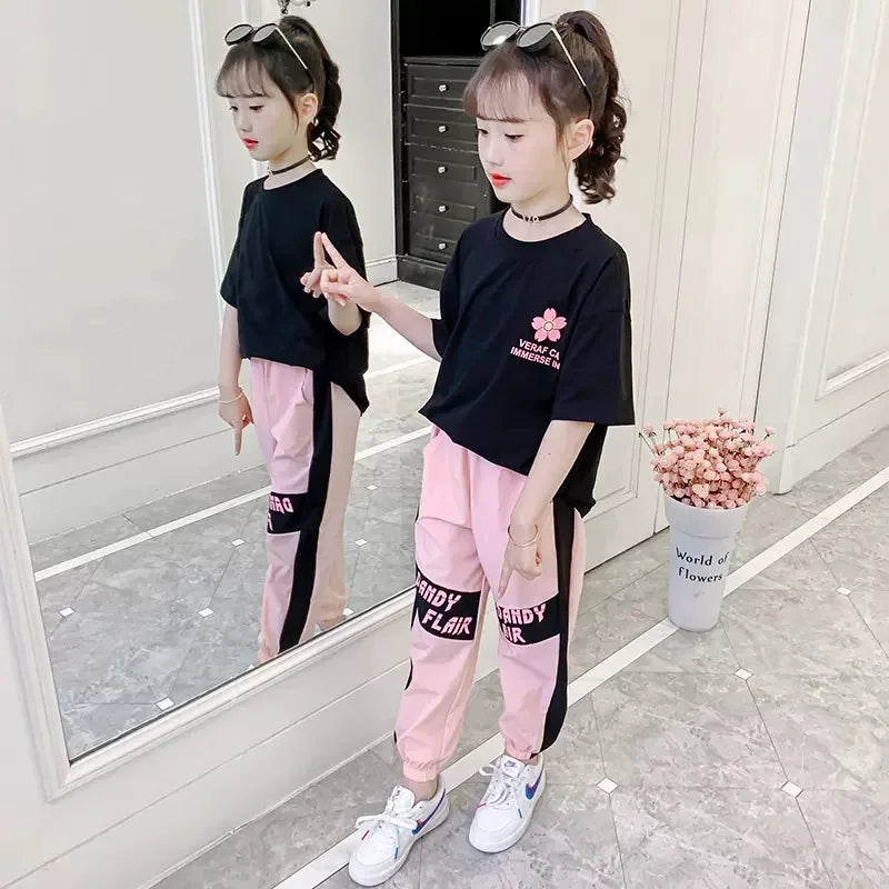 2024 summer girls Clothes Child Sports Suit Teen tracksuit flower t shirt tops + Ankle-tied pants striped 4 5 7 8 10 11 12 years