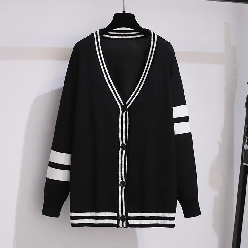 160Kg Plus Size Women's Bust 160cm Loose Cardigan Knitted Sweater 6XL 7XL Spring Autumn V-neck Striped Sweater