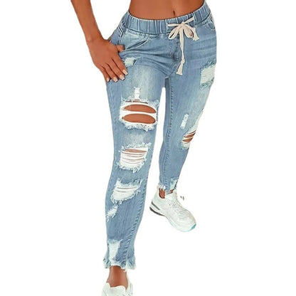 Fashion Women Ripped Jeans New Drawstring Sweet Wear Hole Denim Pants