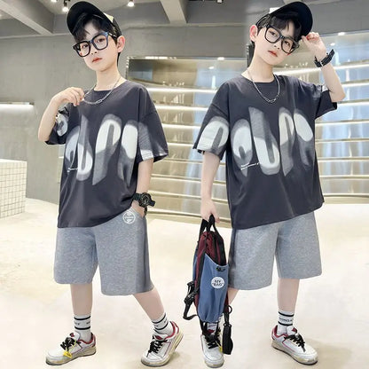 Boys Summer 2pcs Hiphop Style Leisure T-shirts+Pants Short Sleeved Suits 4-14 Years Teenage Korean Style Kids Streetwear Clothes