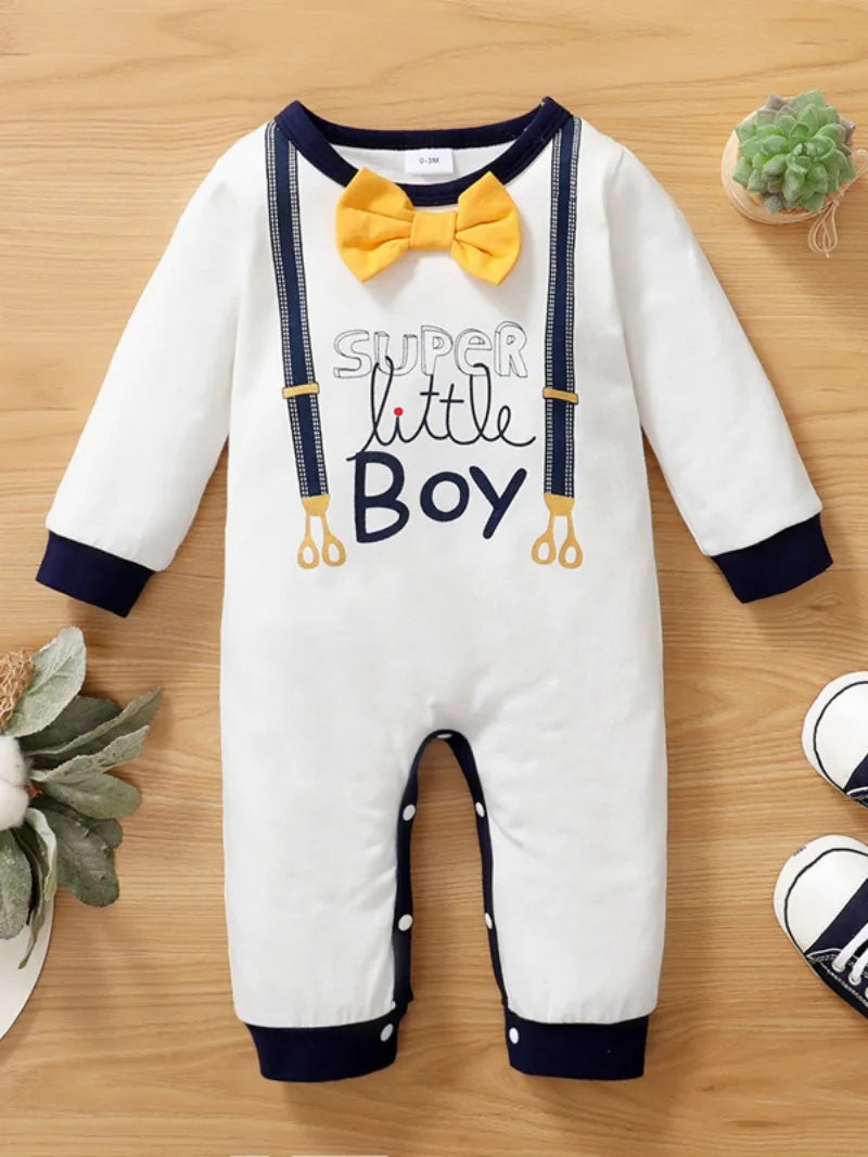 Newborn Baby Boy Romper Cute Bowtie Long Sleeve Bodysuit Spring and Autumn Clothing for Toddler Boy 0-18 Months