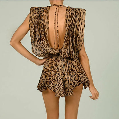 Viya 2024 Summer New Women's Vintage Leopard Dress Print Sleeveless Low-Cut Sexy Tie Dress