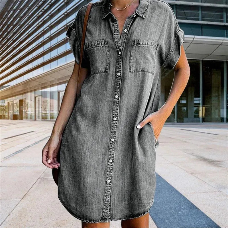 Women Denim Shirt Dresses Short Sleeve Distressed Jean Dress Button Down Casual Tunic Top RERF1987