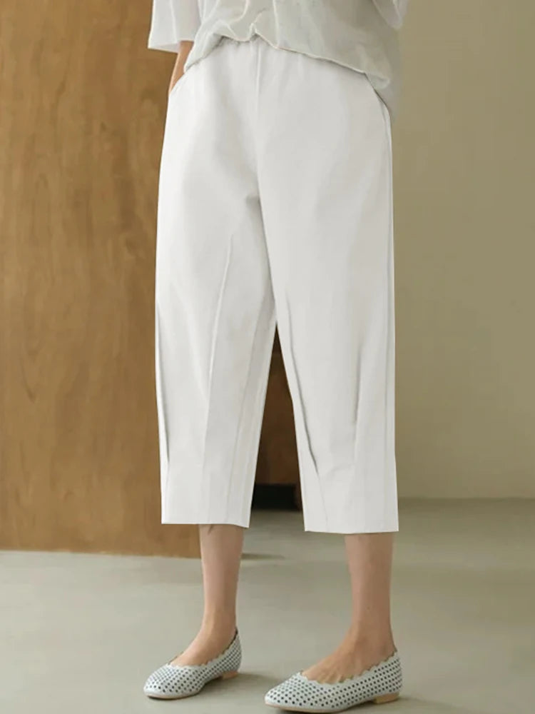 Women Cropped Pants Pleating Pant Holiday Casual Loose Solid Color Trousers