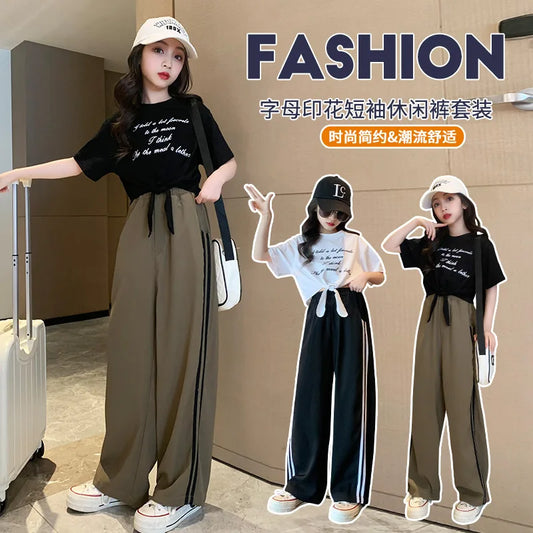 Children's Top and Bottom Clothes Set Girls and Teenagers Suit Korean Style Casual Short Sleeve Top+Wide Leg Pants Two-piece Set