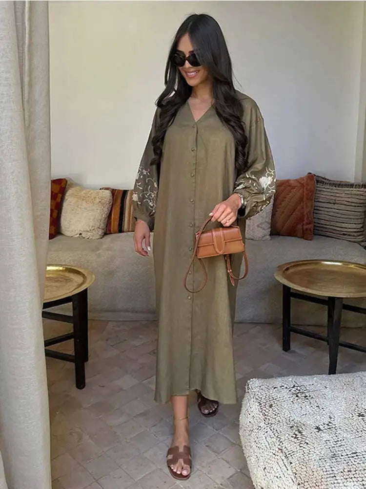 Chic V-neck Long Lantern Sleeve Women Loose Dress Fashion Single Breasted Long Robes 2024 Femme Party Vocation Vestidos