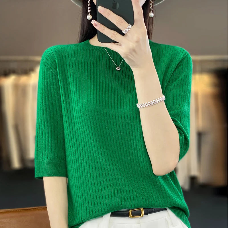 2023 Summer Women's Short Sleeve Women's Cashmere Short Sleeve T-shirt Pullover Women's Knitted Sweater T-shirt Top