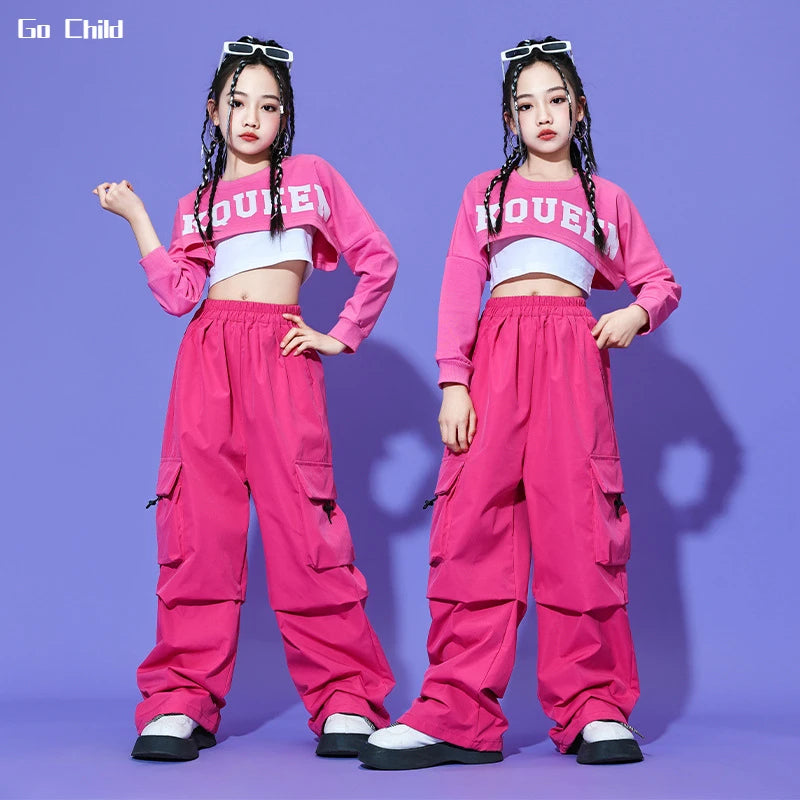 Hip Hop Girls Crop Tops Rose Cargo Pants Child Tank Top Streetwear Joggers Clothes Sets Kids Street Dance Jazz Stage Costumes